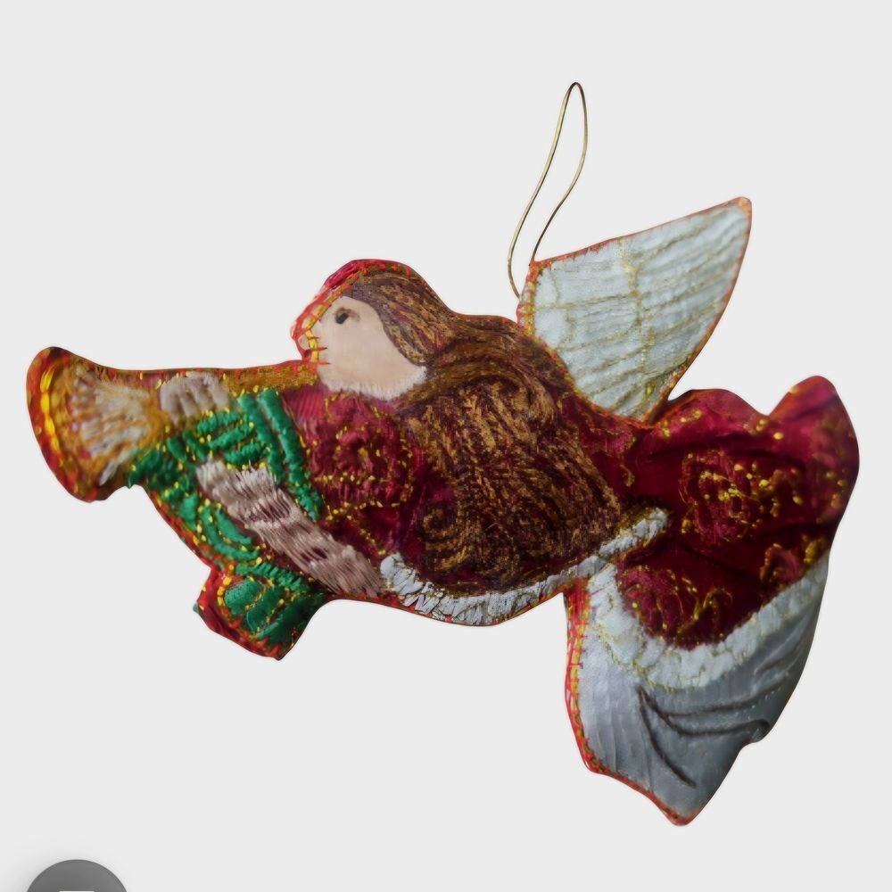 Rare Vintage Hand Made Festive Angel Trumpet Ornament with Red and Green Accents